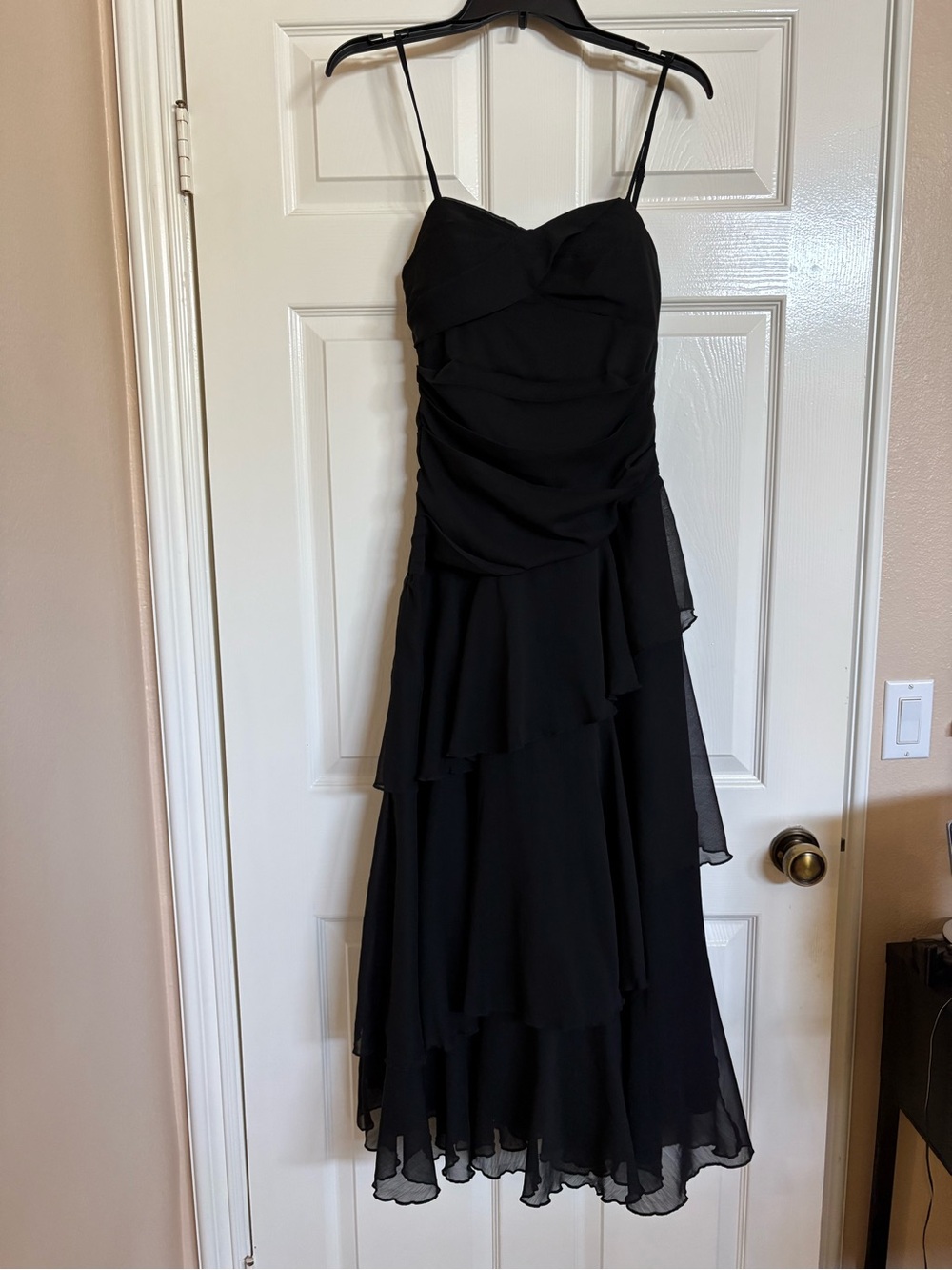 Black Formal Gown Ruched Asymmetrical Bodice Cascading Ruffled Tiers Side Slit